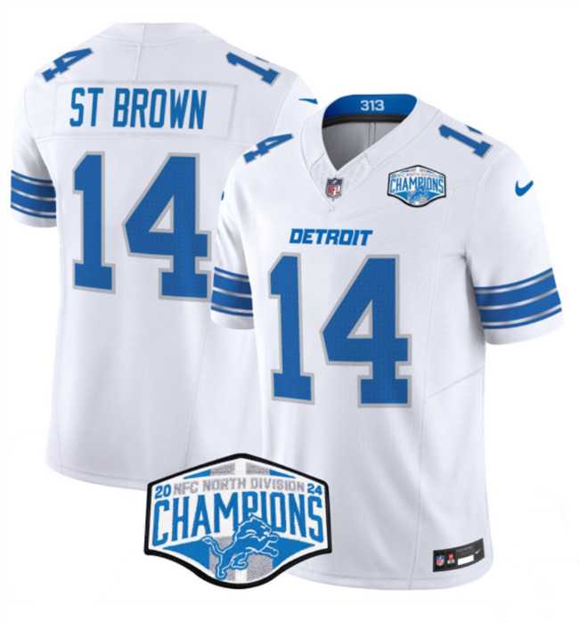 Men%27s Detroit Lions #14 Amon-Ra St. Brown White 2024 NFC North Champions F.U.S.E. Vapor Limited Stitched Jersey